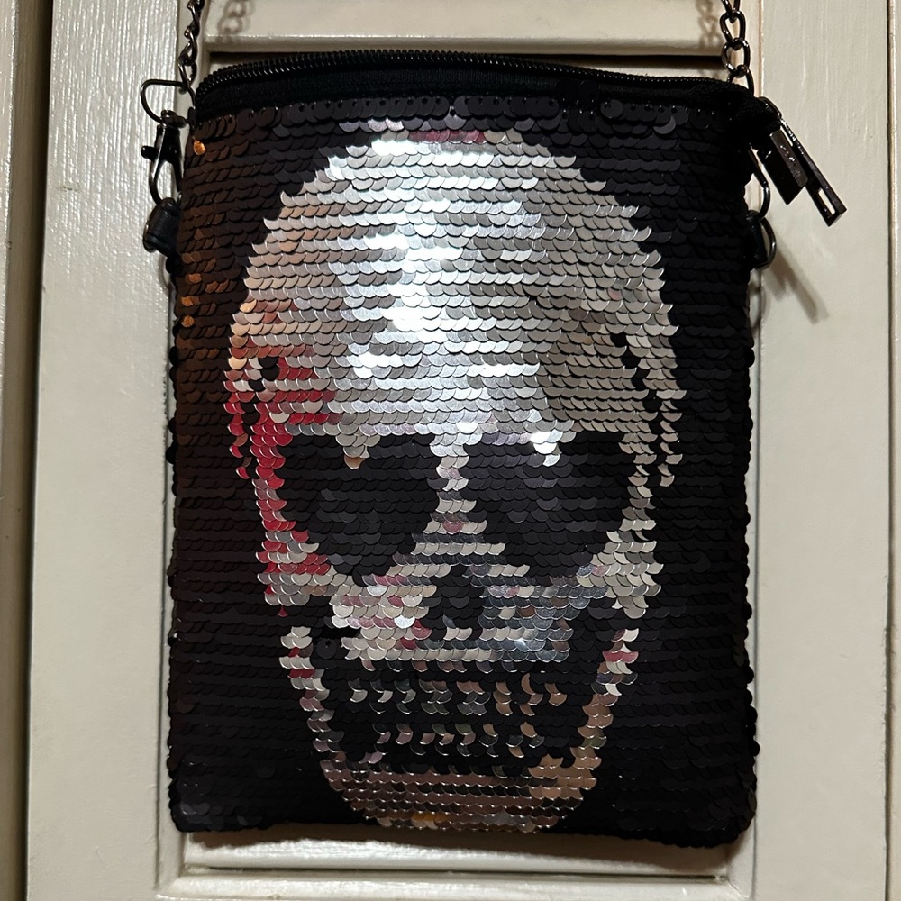 Black Silver Sequin Skull Crossbody Bag